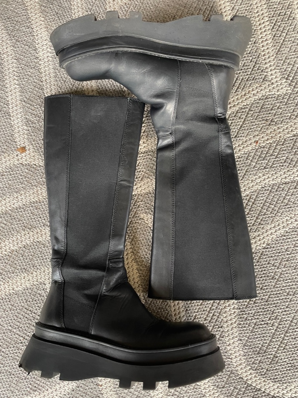 ZARA black leather tall boots track sole 38/7,5 biker rare - Picture 6 of 12